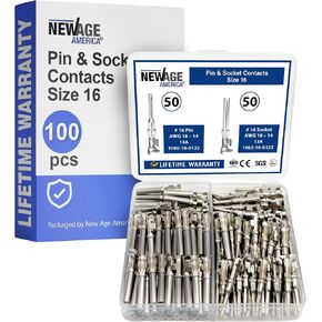 New Age America® 100pcs Size 16 Open Contacts | Stamped & Formed Deutsch Equivalent | 50 Male Pins & 50 Female Sockets | Tin Plated Copper | AWG 14-18 | 50 Pairs Open Barrel | with Assortment Case