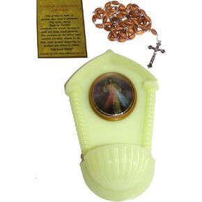 Holy Land Market Luminous phosphorous Divine Mercy Holy Water/Anointing Oil Fountain/Font - (19cm OR 7.5 inches) - with Holy Holy Land Bethlehem Catholic Rosary