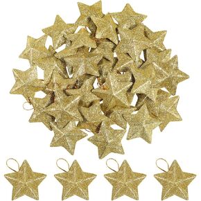 30 Pcs Gold Glitter Star Ornaments Christmas Tree Pendant Mini Hanging Stars Mini Gold Glitter Star Pendant Xmas Star Pendant Tree Ornament Glitter Gold 3D Mini Stars for Christmas