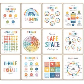 KINYEYE 12PCS Boho Classroom Posters, Colorful Calming Corner Posters for Calm Down Corner Supplies for Classroom Decorations Elementary, Preschool | 8" x 10" Unframed