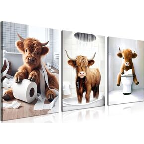 Funny Bathroom Highland Cow Wall Art, Brown Cute Cow Animal Canvas Posters Prints Set of 3, Vintage Rustic Farmhouse Home Wall Decor Painting for Bathroom Restroom Framed 12x16 Inch