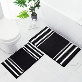 HOMEIDEAS Bathroom Rug Set 2 Piece, Striped Super Absorbent Soft Microfiber Non-Slip Washable Bath Mats for Shower and Tub (Grey)