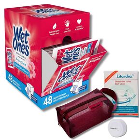 Wet Ones Hand Wipes, 48 Count Bundle with Litardex Travel Bag, Disposable Seat Covers (10 Pack), and Compressed Travel Towel (4 Items)