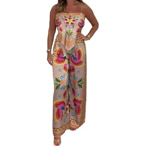 Recious Womens Sexy 2 Pieces Printed Tied Tank Tops Shirts Bodycon Wide Leg Pants Party Clubwear Tracksuit Outfits Set
