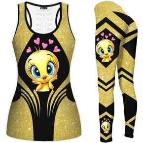 Cute Duck Print Women's Yoga Set, Cartoon Character Workout 2 Pieces for Women, Casual Tank Top Legging Set