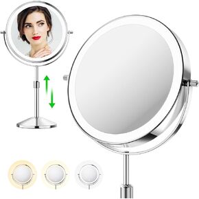 Lighted Makeup Mirror, 8.7" Rechargeable Height Adjustable Brighter LED Vanity Mirror - Double Sided 1x/10x Magnifying, 3 Colors & Brightness Adjustable, 88 Surgical-grade LEDs, 360° Swivel (Chrome)