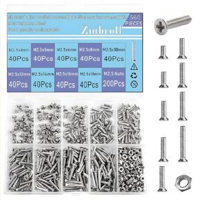 560Pcs Flat Head M2.5 Machine Screws Countersunk 304 Stainless Steel Screw Full Thread Small Screws Fasteners Bolts Nuts Assortment Kit M2.5x4/5/6/8/10/12/14/16/18mm