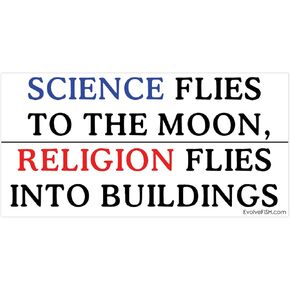 EvolveFISH Science Flies to The Moon Religion Flies into Buildings Bumper Sticker - [5" x 2.5"]