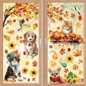 93PCS Fall Window Clings Thanksgiving Autumn Dogs Cats Maple Leaves Pumpkin Stickers Decals Decorations Puppy Kitty Kitten Car Thanksgiving Living Room Home Kitchen Classroom Decor
