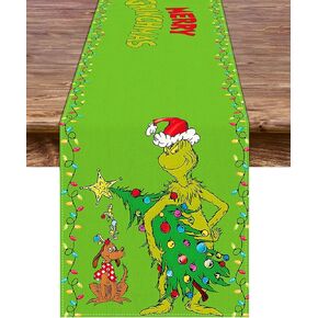 Grinchmas Table Runner Merry Christmas Whoville Winter Holiday Party Kitchen Fireplace Dining Room Home Decoration (Green, 13" x 72")