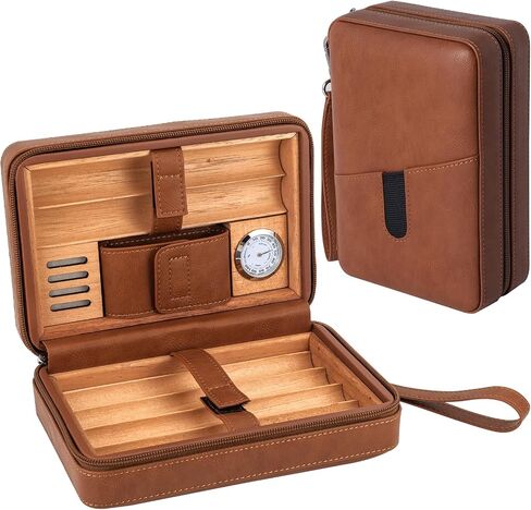 leather cedar cood humidor case, portable travel humidor box with humidifier,Capacity: 6 pcs(Brown) in Saudi Arabia