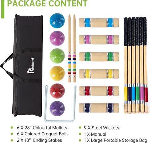 Pointyard 28In Six Player Croquet Set, Universal Szie Croquet Set with Wooden Mallets/Colored Ball/Wickets/Stakes for Lawn/Backyard Game/Park in Saudi Arabia