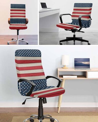 4th of July Office Chair Cover with Zipper, Universal Computer Desk Chair Cover Stretch Removable Rotating Chair Slipcovers Independence Day Flag Rustic Red Blue Office Chair Seat Cover Protector L in Saudi Arabia