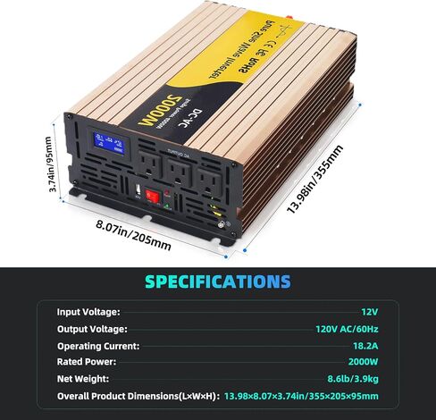 محول طاقة بموجة جيبية نقية 2000 واط، نظام مضخة مستنقع 2000 واط، 12 فولت تيار مستمر إلى 120 فولت تيار متردد مع شاشة عرض رقمية LCD، 3 منافذ تيار متردد، 2 مراوح تبريد، للمنزل، عربة سكن متنقلة، شاحنة، استخدام التخييم in Kuwait