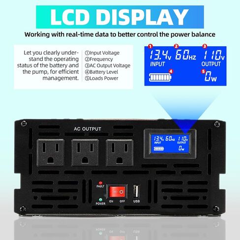 محول طاقة بموجة جيبية نقية 2000 واط، نظام مضخة مستنقع 2000 واط، 12 فولت تيار مستمر إلى 120 فولت تيار متردد مع شاشة عرض رقمية LCD، 3 منافذ تيار متردد، 2 مراوح تبريد، للمنزل، عربة سكن متنقلة، شاحنة، استخدام التخييم in Kuwait