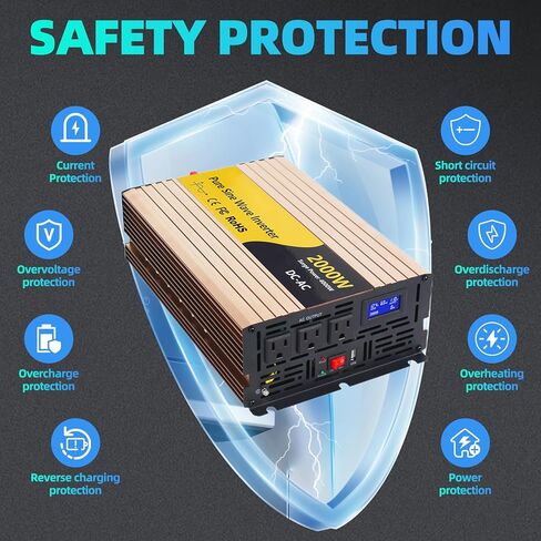 محول طاقة بموجة جيبية نقية 2000 واط، نظام مضخة مستنقع 2000 واط، 12 فولت تيار مستمر إلى 120 فولت تيار متردد مع شاشة عرض رقمية LCD، 3 منافذ تيار متردد، 2 مراوح تبريد، للمنزل، عربة سكن متنقلة، شاحنة، استخدام التخييم in Kuwait