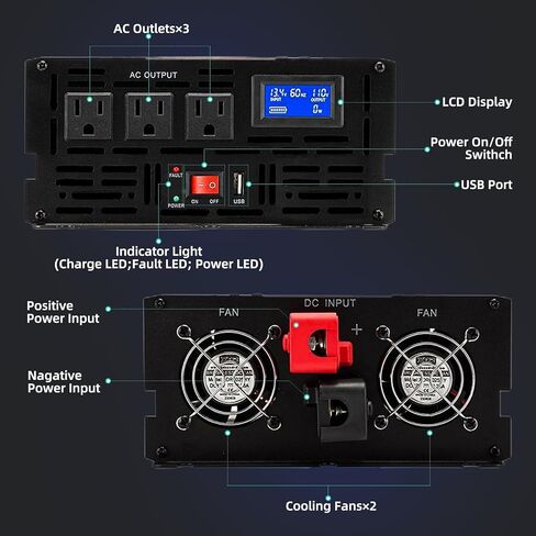 محول طاقة بموجة جيبية نقية 2000 واط، نظام مضخة مستنقع 2000 واط، 12 فولت تيار مستمر إلى 120 فولت تيار متردد مع شاشة عرض رقمية LCD، 3 منافذ تيار متردد، 2 مراوح تبريد، للمنزل، عربة سكن متنقلة، شاحنة، استخدام التخييم in Kuwait