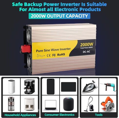 محول طاقة بموجة جيبية نقية 2000 واط، نظام مضخة مستنقع 2000 واط، 12 فولت تيار مستمر إلى 120 فولت تيار متردد مع شاشة عرض رقمية LCD، 3 منافذ تيار متردد، 2 مراوح تبريد، للمنزل، عربة سكن متنقلة، شاحنة، استخدام التخييم in Kuwait