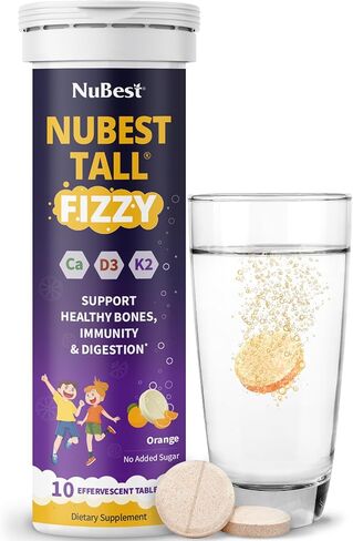 NuBest Fizzy - Bone Strength, Immunity, Digestive Health - Probiotic, Calcium, Magnesium from Red Marine Algae, Vitamin D3 K2, Zinc, Vitamins for Kids Age 4+ & Teens - 10 Orange Effervescent Tablets in Saudi Arabia