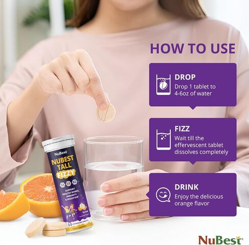 NuBest Fizzy - Bone Strength, Immunity, Digestive Health - Probiotic, Calcium, Magnesium from Red Marine Algae, Vitamin D3 K2, Zinc, Vitamins for Kids Age 4+ & Teens - 10 Orange Effervescent Tablets in Saudi Arabia