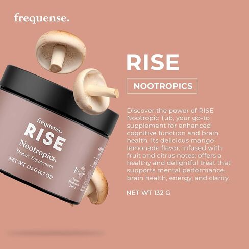 حوض Rise Nootropic - نكهة عصير المانجو والليمون - تعزيز الوظيفة الإدراكية والطاقة والوضوح - 7 مزيج من الفطر، وفيتامينات B، والأحماض الأمينية، ومستخلص حبوب القهوة الخضراء - عافية الدماغ والجسم - 132 جم in Saudi Arabia