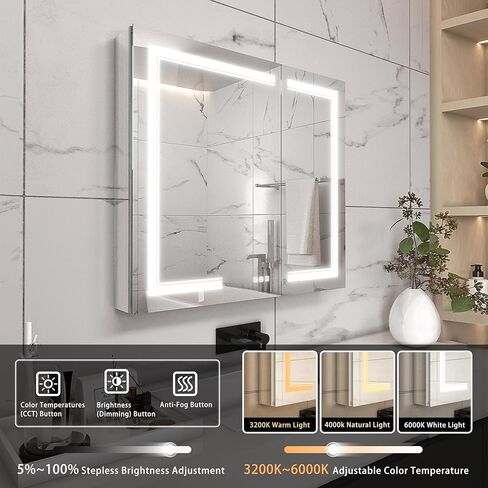 خزانة طبية LED من Benime مقاس 24 × 32 بوصة، خزانة طبية مضاءة مع: تخزين كبير، خزانة طبية سطحية أو غائرة مع أضواء، مزيل ضباب، تعتيم بدون خطوات ودرجات حرارة اللون، 2 منافذ وUSB، 3 أرفف in Kuwait