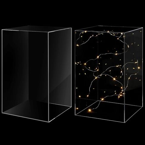 Clear Acrylic Display Boxes 9.8 x 9.8 x 15.8 Inch Tall Sculpture Stand with 9.8 ft Light String No Lid Hollow 5 Sided Display Cube Pedestal Display Tower Dust Cover Bin Multi Use Showcase in Saudi Arabia