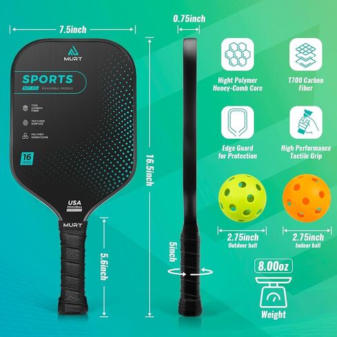 MURT Pickleball Paddles Set of 2, T700 Carbon Fiber Pickleball Rackets with Comfort Grip, High Grit & Spin, Honeycomb Core, Pickleball Gifts, 16mm - 2024 USAPA Approved in Saudi Arabia