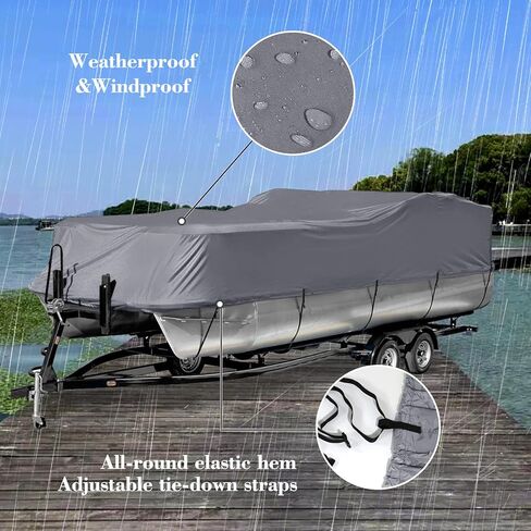 غطاء قارب عائم قابل للمقطورة، غطاء قارب مقاوم للأشعة فوق البنفسجية مقاوم للماء شديد التحمل 600D للقارب العائم وقارب سطح السفينة، يناسب طوله من 17 إلى 20 قدمًا، وعرض الشعاع يصل إلى 102 بوصة، رمادي in Kuwait