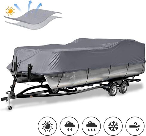 غطاء قارب عائم قابل للمقطورة، غطاء قارب مقاوم للأشعة فوق البنفسجية مقاوم للماء شديد التحمل 600D للقارب العائم وقارب سطح السفينة، يناسب طوله من 17 إلى 20 قدمًا، وعرض الشعاع يصل إلى 102 بوصة، رمادي in Kuwait