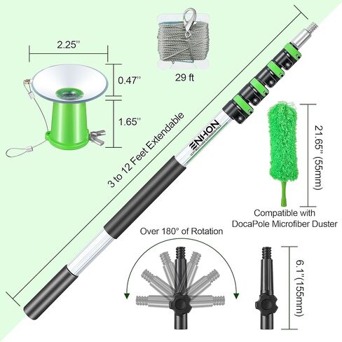 مبدل لمبة الإضاءة من إنهون للأسقف العالية والأضواء المريحة مع عمود تمديد تلسكوبي بطول 3 إلى 12 قدم، ومحول زاوية ومنفضة ريش، أداة إزالة مصباح السقف بالشفط لوظيفة الإضاءة in Kuwait