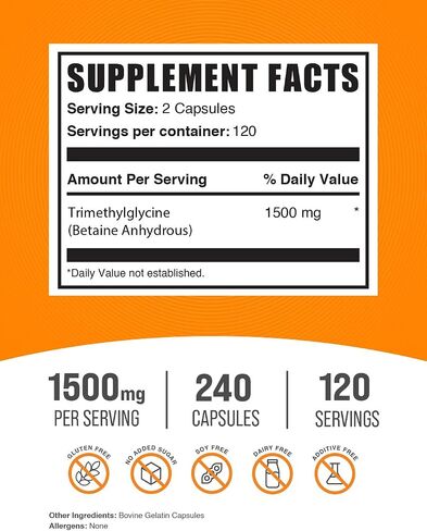 BulkSupplements.com TMG Capsules - Trimethylglycine as Betaine Anhydrous, TMG Supplement - Betaine Anhydrous 1500mg, Gluten Free, 2 Capsules per Serving, 240 Capsules (Pack of 1) in Saudi Arabia