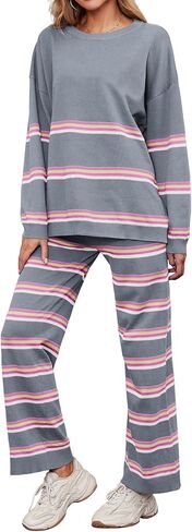 2 Piece Outfits for Women Striped Sweaters Sets Loose Knitted Pullover Wide Leg Pants Lounge Sets in Saudi Arabia