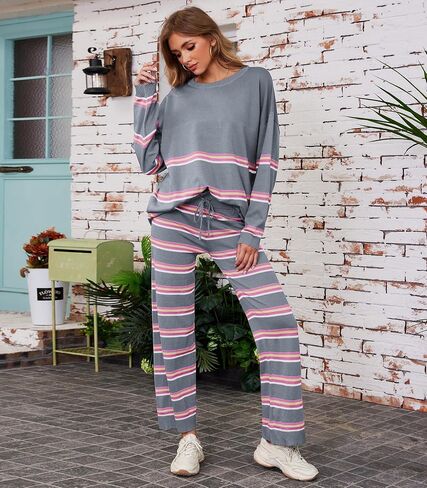 2 Piece Outfits for Women Striped Sweaters Sets Loose Knitted Pullover Wide Leg Pants Lounge Sets in Saudi Arabia