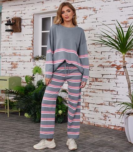 2 Piece Outfits for Women Striped Sweaters Sets Loose Knitted Pullover Wide Leg Pants Lounge Sets in Saudi Arabia
