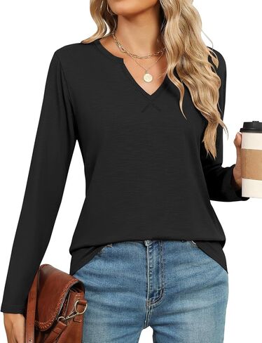 LOMON Womens Long Sleeve Tops Casual V Neck T Shirts Cute Slub Cotton Tee Shirts in Saudi Arabia
