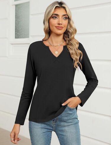 LOMON Womens Long Sleeve Tops Casual V Neck T Shirts Cute Slub Cotton Tee Shirts in Saudi Arabia