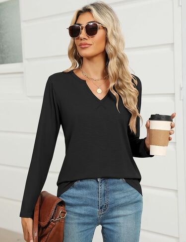 LOMON Womens Long Sleeve Tops Casual V Neck T Shirts Cute Slub Cotton Tee Shirts in Saudi Arabia