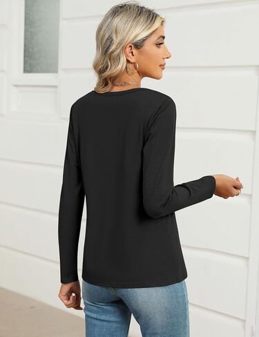 LOMON Womens Long Sleeve Tops Casual V Neck T Shirts Cute Slub Cotton Tee Shirts in Saudi Arabia