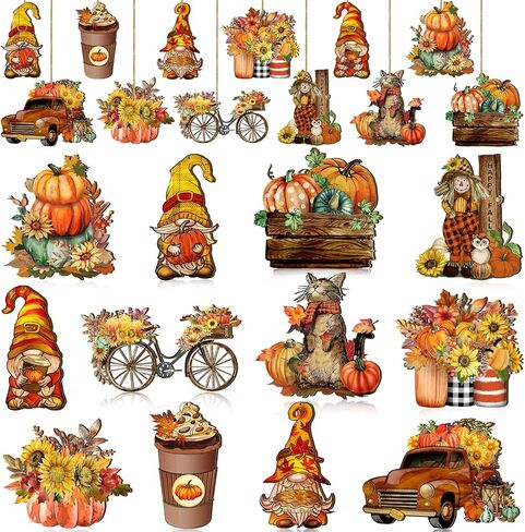 Kigley 36 Pcs Fall Tree Decorations Thanksgiving Gnomes Ornaments for Tree Wooden Hanging Ornaments Pumpkins Leaves Flowers Cutouts Autumn Decorations Truck Hanging Pendant for Holiday Party Supply in Kuwait