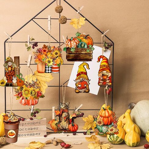 Kigley 36 Pcs Fall Tree Decorations Thanksgiving Gnomes Ornaments for Tree Wooden Hanging Ornaments Pumpkins Leaves Flowers Cutouts Autumn Decorations Truck Hanging Pendant for Holiday Party Supply in Kuwait