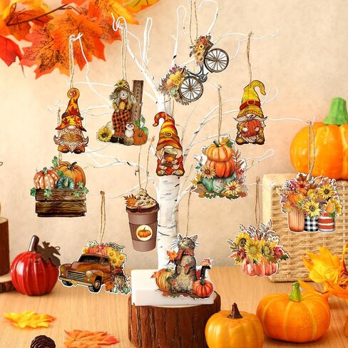 Kigley 36 Pcs Fall Tree Decorations Thanksgiving Gnomes Ornaments for Tree Wooden Hanging Ornaments Pumpkins Leaves Flowers Cutouts Autumn Decorations Truck Hanging Pendant for Holiday Party Supply in Kuwait