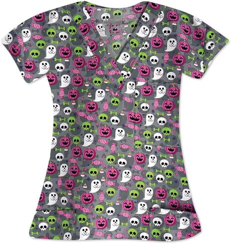 Halloween Scrub Top for Women, V-Neck, Sizes XS-3XL in Saudi Arabia