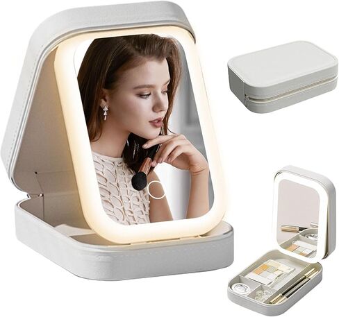 2 in 1 Jewelry Box,Travel Jewelry Case Organizer with LED Makeup Mirror for Girls Women and Travel Essential to Store Ring, Necklace, Earring(White) in Saudi Arabia