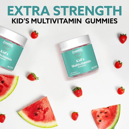 علكات الفيتامينات المتعددة للأطفال مع حمض الفوليك والزنك والحديد والفيتامينات الأساسية للأطفال | فيتامينات متعددة نباتية وغير معدلة وراثيًا لدعم مناعة الأطفال والصحة العامة | الفراولة والبطيخ، 60 قطعة in Kuwait