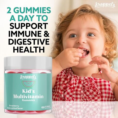 علكات الفيتامينات المتعددة للأطفال مع حمض الفوليك والزنك والحديد والفيتامينات الأساسية للأطفال | فيتامينات متعددة نباتية وغير معدلة وراثيًا لدعم مناعة الأطفال والصحة العامة | الفراولة والبطيخ، 60 قطعة in Kuwait