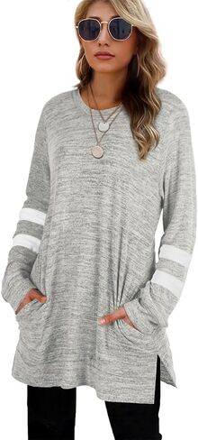 XIEERDUO بلوزات نسائية كاجوال تونيك علوية بأكمام طويلة وقمصان كبيرة الحجم مع جيوب in Kuwait