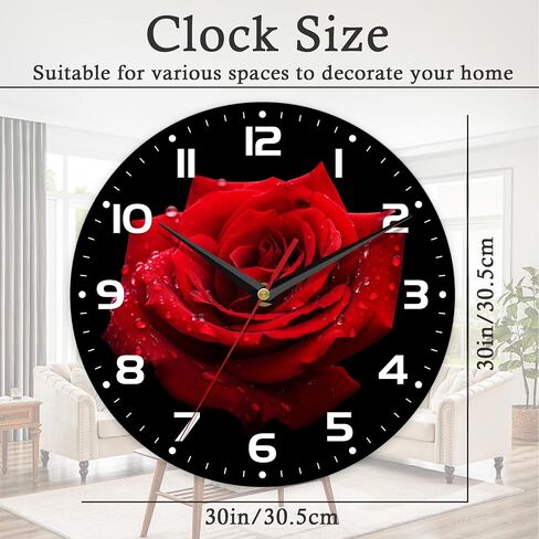 Wall Clock, 10 Inch Silent Non-Ticking Home Kitchen Decor, Battery Operated for Bathroom Bedroom Living Room Office(Red Roses) in Saudi Arabia