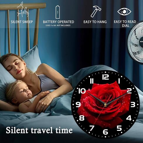 Wall Clock, 10 Inch Silent Non-Ticking Home Kitchen Decor, Battery Operated for Bathroom Bedroom Living Room Office(Red Roses) in Saudi Arabia