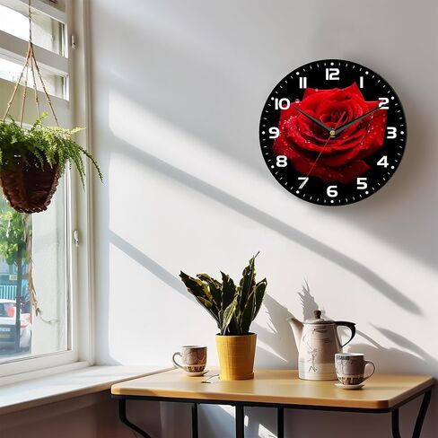Wall Clock, 10 Inch Silent Non-Ticking Home Kitchen Decor, Battery Operated for Bathroom Bedroom Living Room Office(Red Roses) in Saudi Arabia